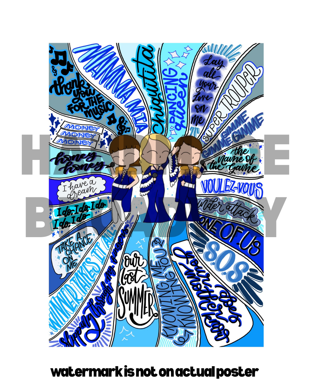 Mamma Mia SWIRL poster - Musical Inspired Glossy Print - Originally Hand Drawn