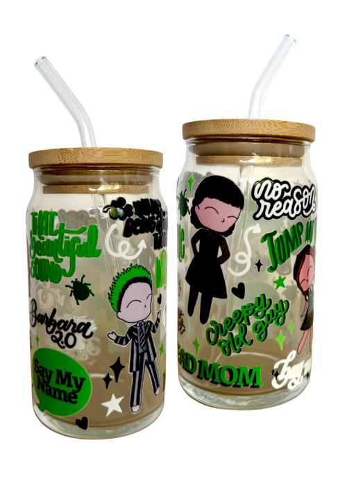 Beetlejuice Musical Inspired Glass Tumbler Cup with Straw