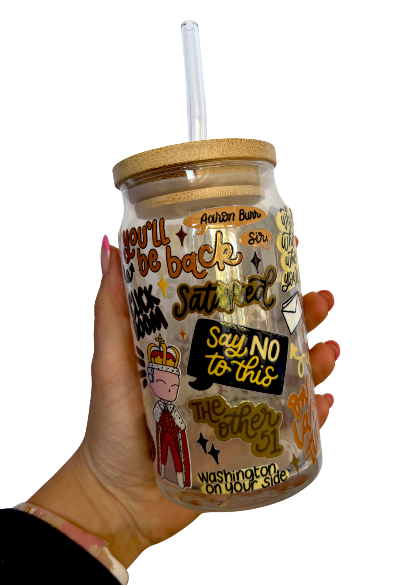 Hamilton Inspired Glass Tumbler Cup with Straw